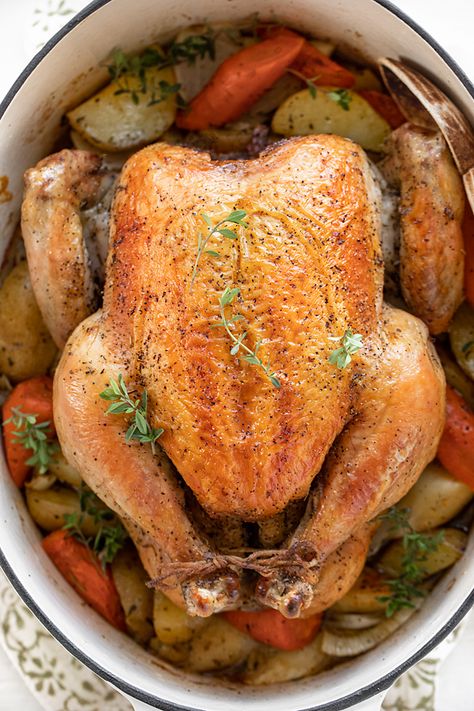 Chicken pot roast is a cozy and rustic one-pot chicken dinner, filled with lots of aromatic vegetables and savory juices! | thecozyapron.com #chickenpotroast #chickenpotroastovens #chickenpotroastrecipe Chicken Pot Roast Recipe, Chicken Pot Roast, Braised Chicken Thighs, Roasted Chicken Breast, One Pot Chicken, Roast Chicken Recipes, Pot Roast Recipes, Dinner Options, Roast Recipes