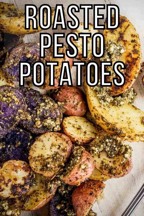 You’ll love these easy Roasted Pesto Potatoes! This recipe yields crispy and tender roasted potatoes with lots of flavor for the best simple side dish on a busy weeknight. These potatoes are tossed in a delicious fresh basil pesto, then roasted to golden perfection. The addition of lemon brightens up and balances the distinct flavors! #roastedpestopotatoes #ovenroastedpotatoes #potatorecipes #potatosidedishes #dizzybusyandhungry Pesto Baked Potato, Pesto Potatoes Roasted, Small Potatoes Recipe, Boiled Red Potatoes, Friendsgiving Food Ideas, Fresh Basil Pesto, Chicken Potato Bake, Pesto Potatoes, Friendsgiving Food