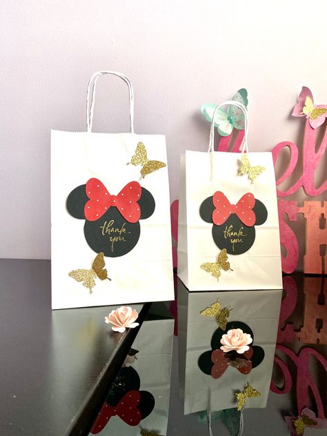 Minnie mouse Goodie favors bags, red polkadots with gold glitter butterflies for birthday party decoration or baby shower Minnie Mouse Gift Bags, Coral Birthday Party, Minnie Plates, Minnie Mouse Favors, Birthday Party Treat Bags, Minnie Mouse Gifts, For Birthday, Cute Minnie Mouse, Minnie Birthday Party