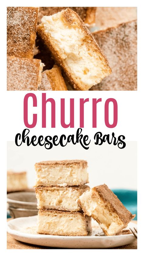 The perfect combination of the buttery, flaky crust and smooth, tangy cream cheese filling made this dessert a favorite in your home. These churro cheesecake bars have the classic cinnamon sugar taste of churros with the creamy cheesecake center. Prepare this delicious dessert with just a few ingredients! Churro Bars, Cheesecake Churro, Churro Cheesecake Bars, Pies Chocolate, Chocolate Tarts, Mini Cinnamon Rolls, Lemon Tarts, Salted Caramels, Churro Cheesecake