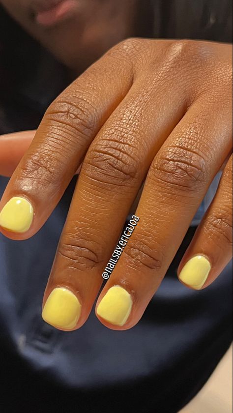 Short Acrylic Overlay with a Pastel Yellow Gel Polish •(@nailsby.ericajoa) • Tap For More • Yellow Overlay Nails, Yellow Nails On Black Women, Yellow Gel Manicure, Short Yellow Acrylic Nails, Gel Overlay Nails Short, Short Acrylic Overlay Nails, Short Acrylic Overlay, Short Overlay Nails, Yellow Short Nails