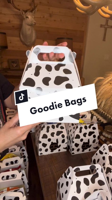 Cow Party Favors Goodie Bags, My First Rodeo Goodie Bags, Western Goodie Bags, Cow Birthday Party Favors, First Birthday Goody Bag Ideas, First Rodeo Party Favors, 1st Birthday Goodie Bag Ideas, First Birthday Goodie Bags, Cow Print Party