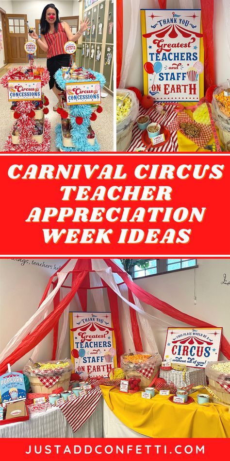 Step right up! If you are planning a PTA or PTO Carnival Circus Teacher Appreciation Week in the future, then this is the post for you! From our popcorn bar, staff luncheon, lottery ticket gifts, "chalk the walk" celebration, and our Circus Concessions carts...this post has so many fun teacher and staff appreciation ideas! Also, I designed a bunch of fun circus teacher appreciation themed decorations and printables. Find all of the party printables in my Just Add Confetti Etsy shop! Teachers Day Party Ideas, Teachers Luncheon Ideas, Carnival Themed Teacher Appreciation, Teacher Appreciation Week Carnival Theme, Carnival Theme Staff Appreciation, Teacher Appreciation Week Pto Ideas, Pta Luncheon Ideas, Pto Valentines For Teachers, Teacher Popcorn Bar