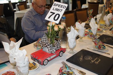 Sports Car Centerpiece, Classic Car Centerpieces, Muscle Car Themed Birthday Party, Car Theme Centerpieces, Classic Car 70th Birthday Party, Hot Rod Party Ideas, Classic Car Birthday Party Decorations, Classic Car Centerpieces Ideas, Classic Car Birthday Party