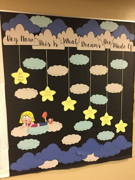 Sleep Habits Bulletin Board Nap Room Bulletin Board, Nap Time Bulletin Boards, Good Habits Board Decoration, Stars Bulletin Board Ideas, Cloud Bulletin Board, Notice Board Decoration Ideas School, Door Decs Ra, Resident Assistant Door Decs, Classroom Decoration Ideas