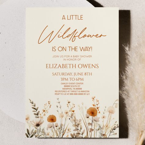 Wild Flower Baby Shower Ideas, Wild Flower Baby Shower, Wildflower Is On The Way, Flower Baby Shower, Peach Baby Shower, Girl Bday Party, Wildflower Baby Shower, Flowers Cute, Floral Baby Shower Invitations