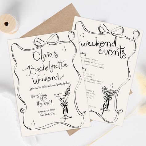 Hand drawn Bachelorette Weekend Invitation, Hens Weekend Wavy Invite Pretty Bow Bachelorette Weekend Invitation Trendy Hens invite Itinerary Itinerary For Bachelorette Party, Hen Itinerary Template, Hen Party Stationary, Hen Do Itinerary Template, Hens Itinerary, Hen Do Itinerary, Bachelorette Invites Template, Hens Invite, Hen Itinerary