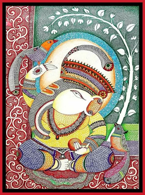 Pichwai Paintings Ganesha, Gond Art Ganesha, Madhubani Ganesha, Ganesha Madhubani, Ganesh Tattoos, Bird Silhouette Art, Gond Art, Shadow Painting, Gond Painting