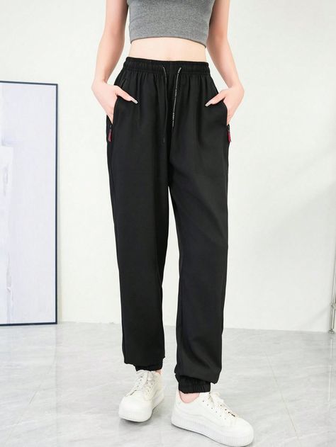 Women's Sports Sweatpants, Summer Lightweight Quick-Dry Training Pants, Comfortable Casual Loose Joggers Black    Woven Fabric Plain Jogger Slight Stretch  Women Activewear, size features are:Bust: ,Length: ,Sleeve Length: Ootd Celana Training, Black Training Pants Sportswear, Celana Training, Celana Jogger Wanita, Sporty Black Pull-on Sweatpants, Black Sporty Full-length Joggers, Sports Sweatpants, Pencak Silat, Joggers Black