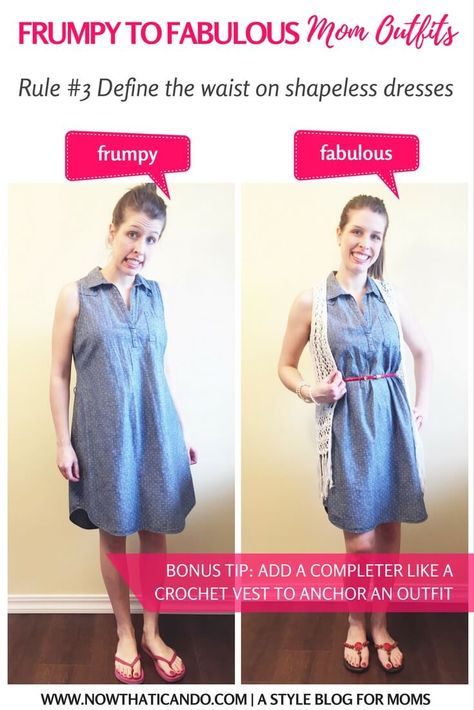 Love the simple tips for how not to look frumpy! I'm a busy mom and need all the help I can get! Click for more easy rules on the blog! Frump Fighters, Easy Capsule Wardrobe, Spring Outfits For Moms, Mom Makeover, Chic Mom Outfits, Shapeless Dress, Comfortable Dress Pants, Mom Outfits Spring, Year Round Wardrobe