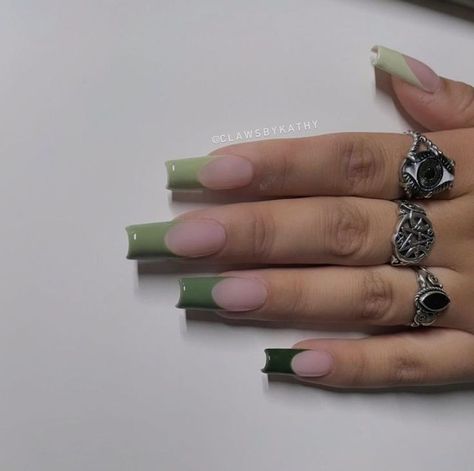 Medium Square Acrylic Nails Sage Green, Tapper Square Acrylic Nails Short, Black Snakeskin Nails, Different Shades Of Green Nails Acrylic, Hunter Green French Tip Nails, Nails Acrylic Jewels, Green And Nude Acrylic Nails, Green Inspo Nails, Pink And Green French Tip Nails