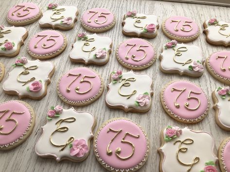 Kelly’s 75th Birthday cookies 70 Birthday Desserts, 95th Birthday Decorated Cookies, 75birthday Ideas, 90th Birthday Royal Icing Cookies, Cookies 70th Birthday, 70th Birthday Cookie Ideas, 70th Birthday Royal Icing Cookies, Moms 75th Birthday Party Ideas, 80th Bday Cookies