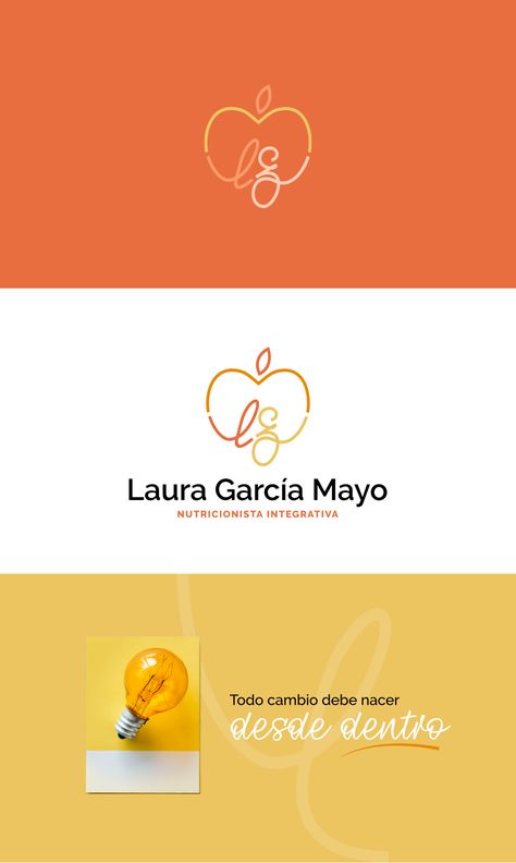 Diseño de identidad de marca para la nutricionista integrativa Laura García Mayo, trabajando la integración de hábitos de alimentación, actividad física y conocimientos para alcanzar un estilo de vida saludable y mejorar la salud #manzana #apple #nutricionista #nutritionist #branding #marca #identidadvisual #visualidentity #movement #typography #orange Nutrition Logo Ideas Design, Movement Typography, Dietitian Office, Nutrition Logo Ideas, Nutritional Coaching, Nutritionist Logo, Nutritionist Branding, Nutrition App, Nutrition Logo