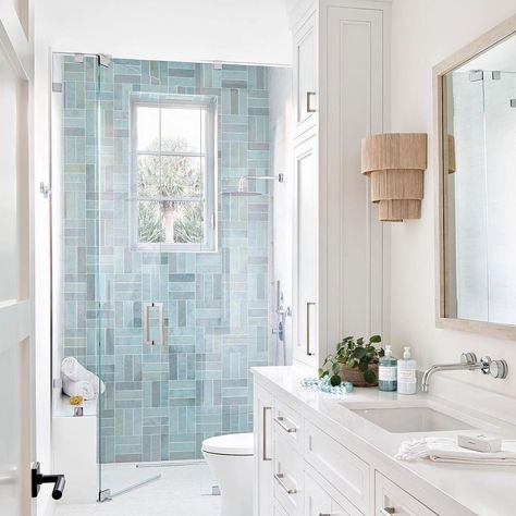 Coastal Bathrooms, Tile Trends, Blue Bathroom, Blue Tiles, Bathroom Renos, Ceramic Wall Tiles, Bath Remodel, The Shower, White Bathroom