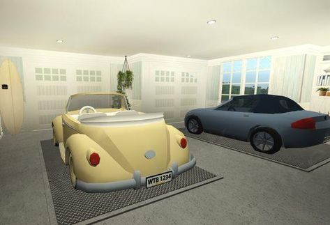 Roblox Garage Ideas, Garage Ideas Bloxburg, Coastal Garage, Bloxburg Garage Ideas, Bloxburg Garage, Bloxburg Coastal House, Garage Bloxburg, Farmhouse Bloxburg, Interior Bloxburg