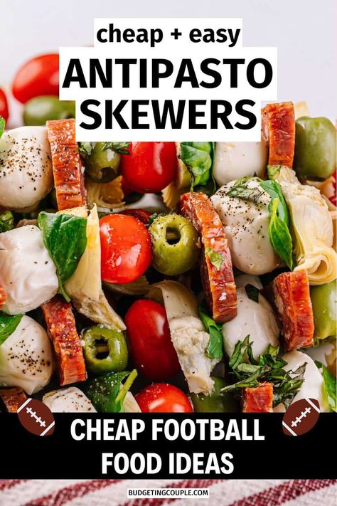 Get ready for game day or your next gathering with these easy and delicious meal ideas like these antipasto skewers! From cheap dinners for a family of three to football game food ideas appetizer recipes, we've got you covered. Find crowd-pleasers like potluck ideas dips and snacks that fit any diet, including healthy football party food low carb options. Plus, check out fun potluck kids party food ideas to make your event a hit! Soccer Potluck Ideas, Cheap Super Bowl Party Food, Game Food Ideas, Football Game Food Ideas, Healthy Football Party Food, Healthy Game Day Food, Kids Party Food Ideas, Fast Snack Recipes, Cheap Finger Foods