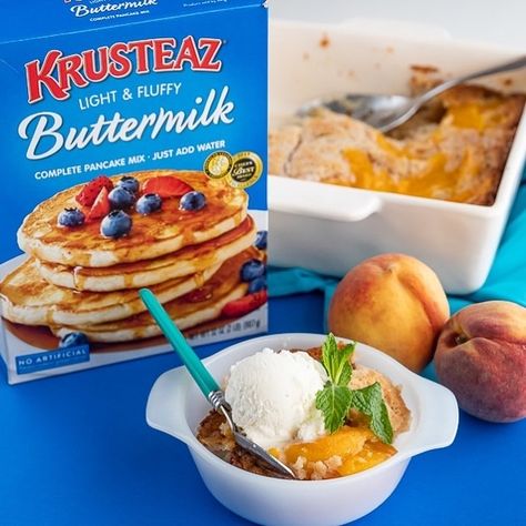 Pancake Mix Cobbler Recipe, Peach Cobbler Pancake Batter, Pancake Mix Apple Cobbler, Pancake Mix Peach Cobbler, Cobbler With Pancake Mix Recipe, Peach Cobbler With Pancake Mix Recipe, Pancake Mix Cobbler, Krusteaz Pancake Mix Recipes, Firehouse Meals