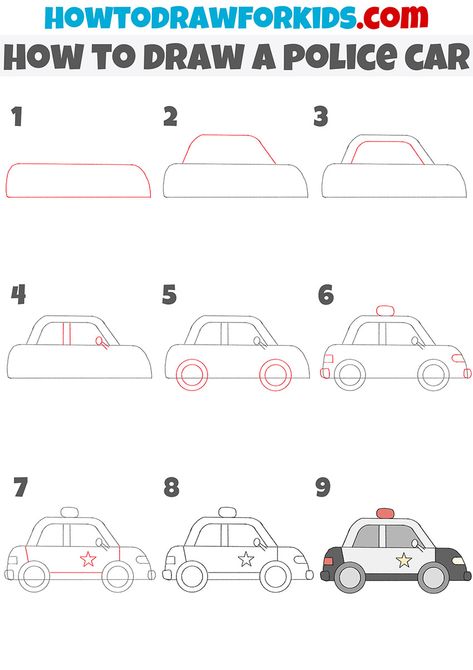 how to draw a police car step by step How To Draw A Police Car, Police Car Drawing Easy, How To Draw A Car Step By Step, How To Draw A Car, Police Car Drawing, Car Drawing For Kids, Police Drawing, Cars Preschool, Kids Police Car