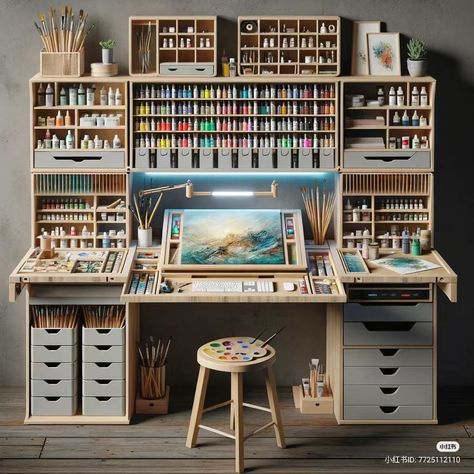 Home Art Room Ideas, Small Art Spaces At Home, Small Art Desk Setup, French Art Studio, Art Storage Ideas Small Spaces, Art Studio Room Ideas Small Spaces, Art Desk Ideas, Home Office Craft Room Combo, Painting Supplies Organization