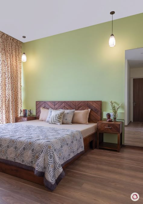 Smart Spaces in Pretty Pastels: 3BHK Comes to Life India House Plan, Wall Color Ideas Bedroom Indian, India Bedroom Decor, Indian Bed Rooms Ideas, Ethnic Bedroom Decor, Indian Bedroom Colour Ideas, Indian Home Painting Ideas, Pastel Green Wall, Pastel Wall Color Ideas