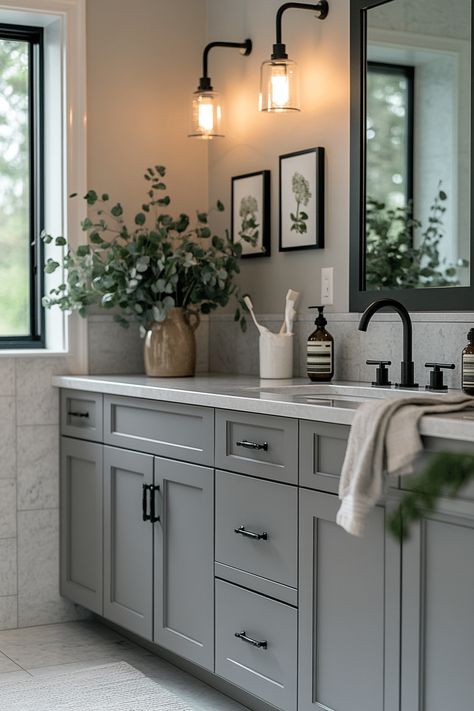 29 Grey and White Bathroom Decor Ideas for Timeless Elegance Grey And White Bathroom Decor, White Bathroom Decor Ideas, Grey Bathroom Decor Ideas, Floating Vanities, Grey Bathroom Decor, Grey And White Bathroom, Half Bathroom Remodel, Gray Bathroom Decor, White Bathroom Decor