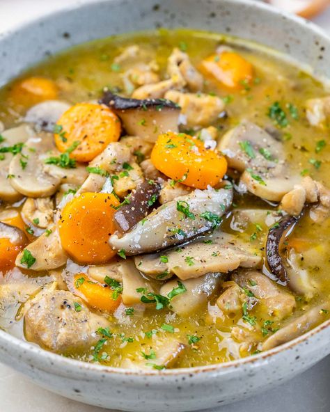 Creamy Chicken + Mushroom Soup Creamy Chicken And Mushroom Soup, Soup Benefits, Chicken And Mushroom Soup, Chicken Mushroom Soup, Creamy Chicken Mushroom, Clean Eating Plans, Chicken And Mushroom, Chicken Mushroom, Clean Eating Challenge