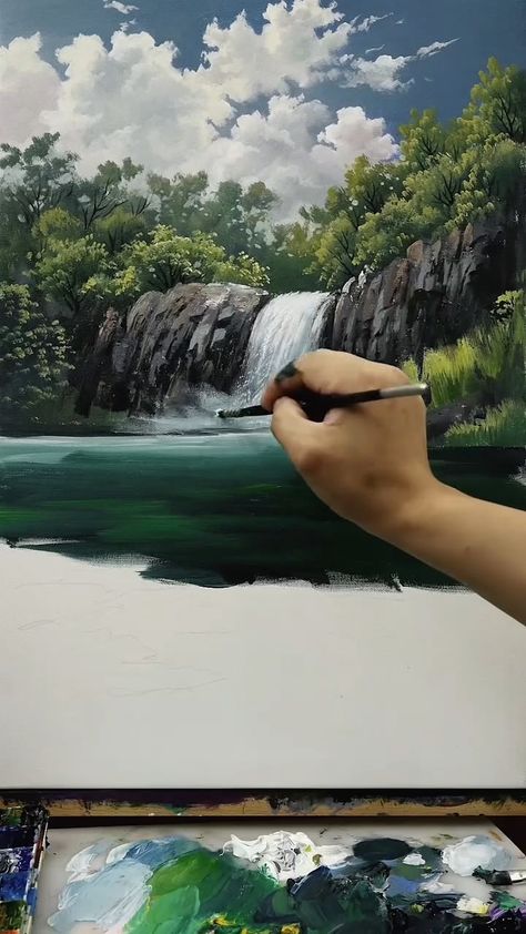 Waterfalls Acrylic Painting, Oil Painting Waterfall, Beautiful Waterfalls Painting, Waterfall Art Painting, Water Scenery Paintings, Painting Waterfalls Step By Step, How To Paint Waterfall, Step By Step Painting Tutorial, Acrylic Painting Ideas Scenery