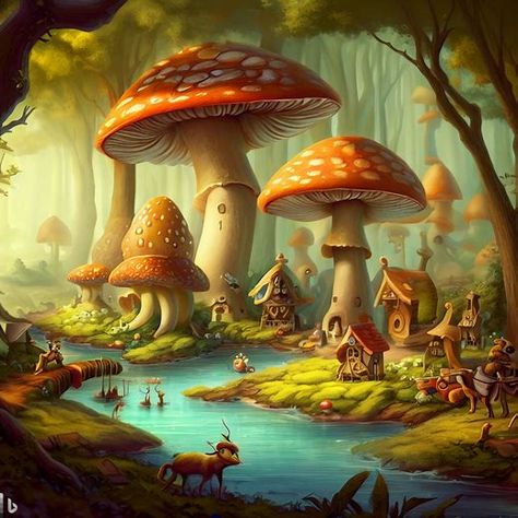 Fantasy Camp Art, Fantasy Elf Village, Fairy Village Drawing, Mushroom Village Drawing, Mushroom Village Art, Mushroom Elf, Elf Village, Mushroom Village, Gnome Painting