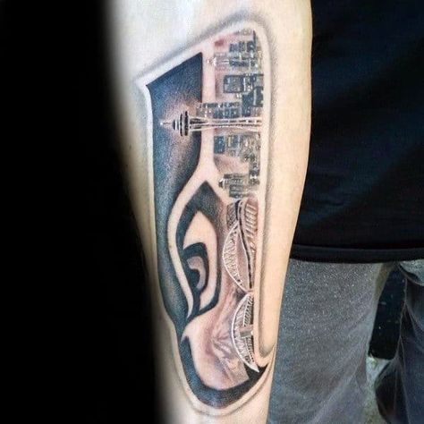 Seahawks Tattoo, Seattle Skyline Tattoo, Tattoo Ideas For Men Forearm, Skyline Tattoo, Seattle Tattoo, Football Tattoo, Tattoo Coverup, Cool City, Dad Tattoo