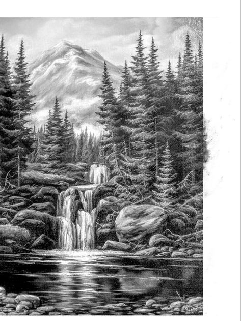 Pyrography Scenery, Waterfall Pencil Drawing, Forest Sketch Pencil, Mountain Waterfall Drawing, Cool Nature Tattoos, Waterfall Tattoo, Waterfall Drawing, Forest Sketch, Dbz Tattoo