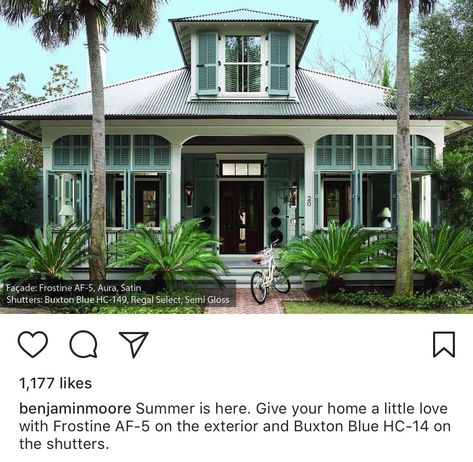 BM Frostine siding, Buxton Blue trim Buxton Blue, Key West Style Homes, Benjamin Moore Exterior, Key West Style, Exterior Color Palette, Louisiana Style, Exterior House Color, Beach House Exterior, Tudor Style Homes