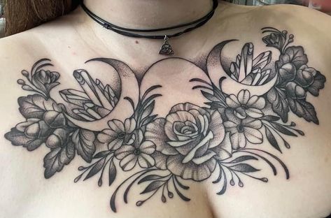 Women Shoulder Chest Tattoo, Female Upper Chest Tattoo, Flower Tattoos Chest Women, Gothic Chest Piece Tattoo, Women Front Neck Tattoo Ideas, Alternative Chest Tattoo, Chest Tattoo Female Plus Size, Large Witchy Tattoos, Galaxy Chest Tattoo Female