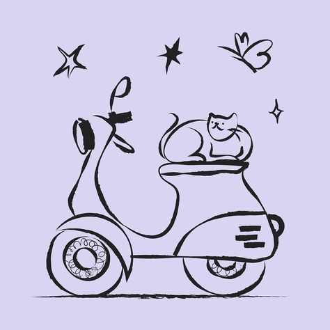 Cute Motorcycle Drawing, Motorcycle Sketch Simple, Scooter Doodle, Motorcycle Doodle, Drawing Motorcycle, Cat Motorcycle, Motorbike Drawing, Doodle Graffiti, Scooter Drawing