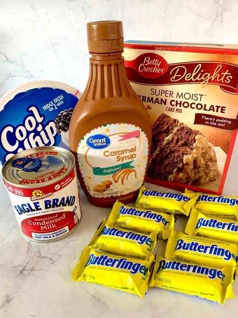 ButterFinger Caramel Cake - The Lazy K Kitchen Condensed Milk Caramel Sauce, Sweetened Condensed Milk Caramel, Butterfinger Poke Cake, Condensed Milk Caramel, Butterfinger Cake Recipe, Butterfinger Cake, 2 Ingredient Cakes, Cheesecake Salad, German Chocolate Cake Mix