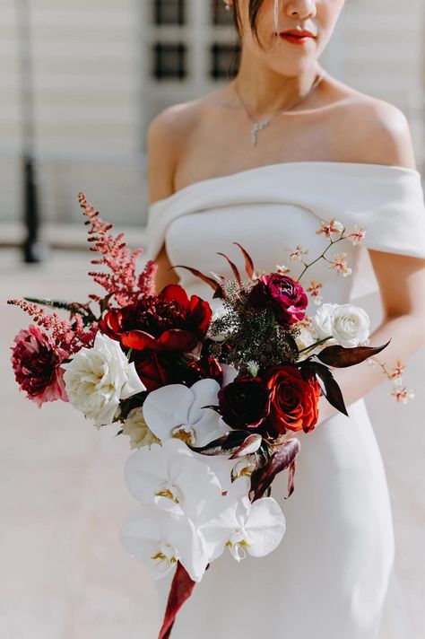 White Red Wedding Bouquet, Satin Wedding Dress Bouquet, Burgundy Orchid Wedding Bouquet, Dark Red And White Bouquet, Burgundy White Bouquet, Red White Bridal Bouquet, Red White Wedding Flowers, Red White Wedding Bouquet, Deep Red Wedding Decor