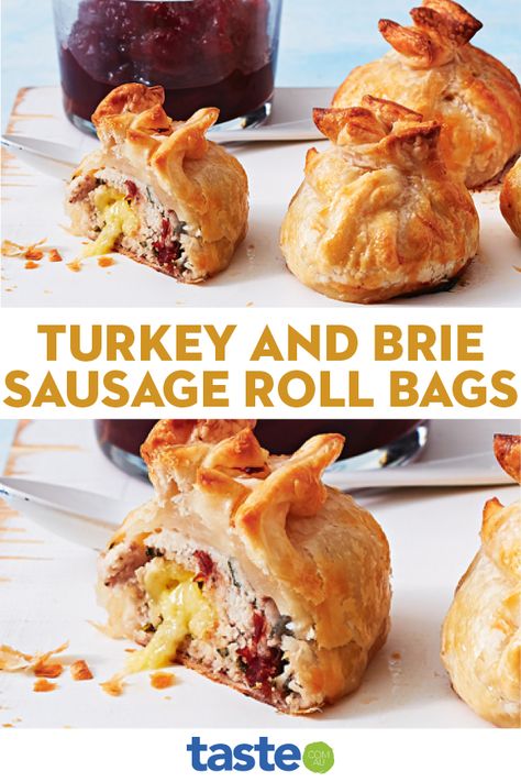 Turkey Cranberry And Brie Sausage Rolls, Turkey Sausage Rolls, Turkey Sausage Rolls Puff Pastries, Christmas Sausage Rolls, Sausage Rolls Puff Pastry, Cranberry And Brie, Christmas Catering, Recipes Sandwiches, Christmas Starters