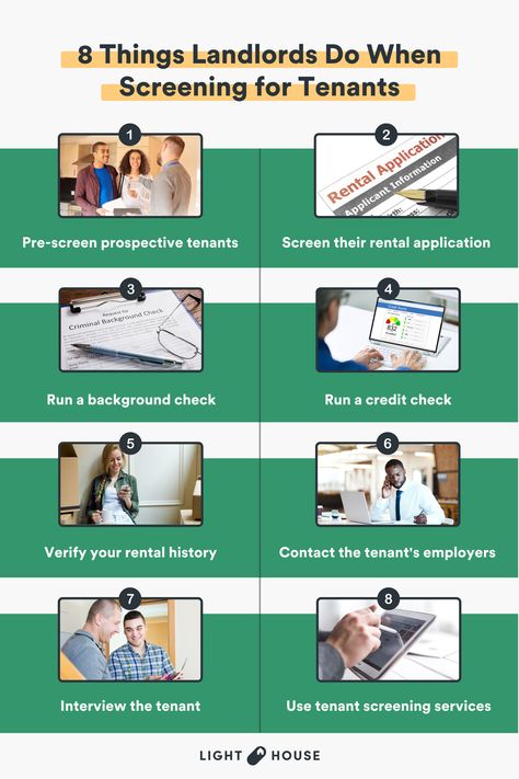 8 things landlords do when screening for tenants. They will pre-screen prospective tenants. Screen their rental application. Run a background check. run a credit check. Verify your rental history. Contact the tenant's employers. Interview the tenant. Use tenant screening services. New Apartment Checklist, Renter Hacks, Work Drama, Tenant Screening, Apartment Guide, Rental Property Management, Apartment Checklist, Rental Application, Lease Agreement