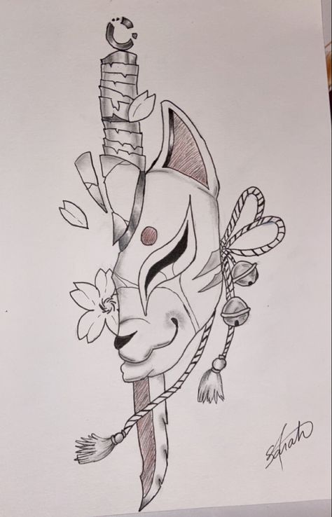 #dessin #art #masque #japon #masquedemon #demon #fleur #flower #kitsune #renard #dague Kitsune Mask Drawing, Cherry Blossom Tattoo Men, Sabito Demon Slayer, Geisha Anime, Japanese Fox Mask, Slayer Tattoo, Brown Hairstyles, Japanese Fox, Kitsune Mask