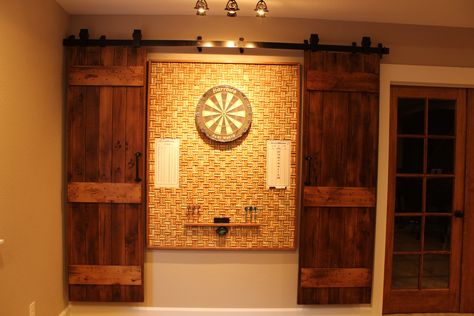 Wine cork dartboard - hidden with barn doors Hidden Dart Board Ideas, Hidden Dart Board, Man Cave Table, Cork Dartboard, Dart Board Wall, Simple Home Decor, Decor Hacks, Basement House, Pool Rooms