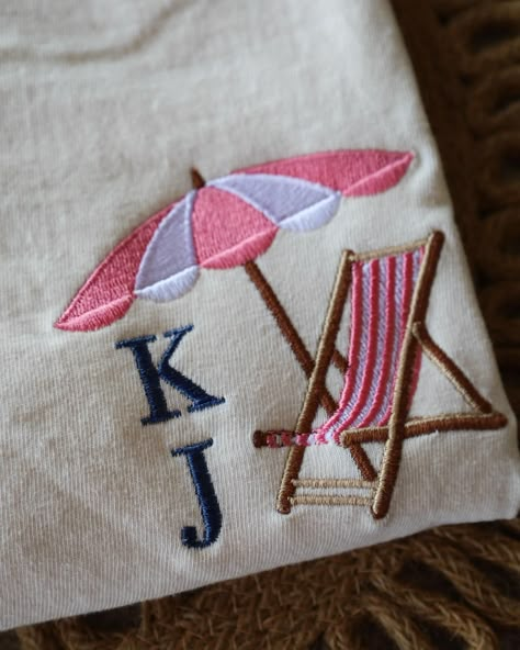 🚨🚨New Product Alert!🚨🚨 Head to the beach in style with our Comfort Colors embroidered Beach Chair Monogram tee! Fully customizable and perfect for your trip this summer! 🤍☀️ Available on our Etsy! Female Pajamas, Beach Embroidery, Embroider Ideas, Beach Inspiration, New Product Alert, Embroidery Shoes, Beach Chair, Shirt Embroidery, Beach Inspired