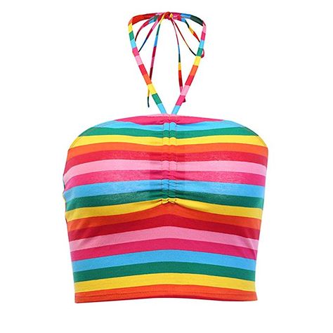 Rainbowcore Fashion, Clown Oc, Kawaii Tops, Belly Top, Rainbow Board, Polyvore Items, Kawaii Products, Harajuku Japan, Striped Halter Top