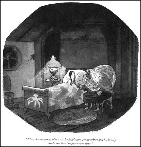 “Then the dragon gobbled up the handsome young prince and his lovely bride and lived happily ever after” from the book Homebodies by Charles Addams published in 1954 Addams Family Members, Original Addams Family, Addams Family Cartoon, Addams Family Tv Show, John Kenn, Charles Addams, Gomez And Morticia, New Yorker Cartoons, Adams Family