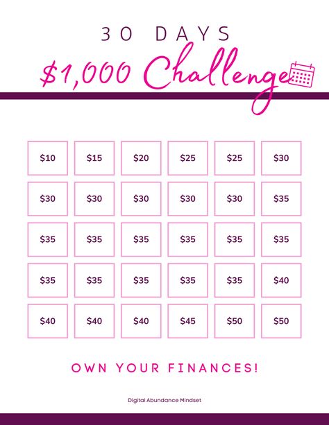 Embark on a 30-day $1000 savings challenge and watch your financial goals soar! 🚀💸 Transform daily habits into meaningful savings. Ready for the adventure? Join now! 🌟✨ #SavingsChallenge #FinancialGoals #MoneyAdventure Daily Savings | Wealth Building | Savings Journey | Financial Growth | Achieve Goals | Money Challenge | Savings Adventure | Financial Success | Smart Saving | Budgeting Mastery 1000 Money Challenge, How To Budget Your Money, Building Savings, Bill Organization Printables, 1000 Savings Challenge, Saving Money Chart, Money Chart, Saving Challenges, Shopify Marketing