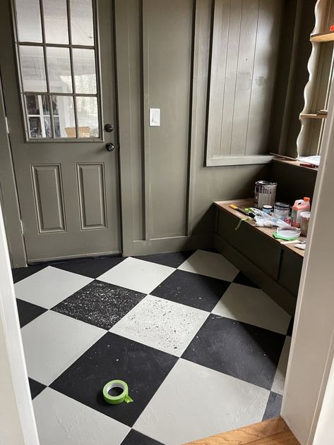 Back to the Mudroom PT3: Spatter Painted Floors, A Spin on Checkerboard? - Made by Carli Painted Checkerboard Floor Porch, Painted Checkered Floor, Painted Checkerboard Floor, Black And White Checkerboard Floor, Black And White Checkered Floor, Harlequin Floors, Checkered Floor, Mudroom Flooring, Checkerboard Floor