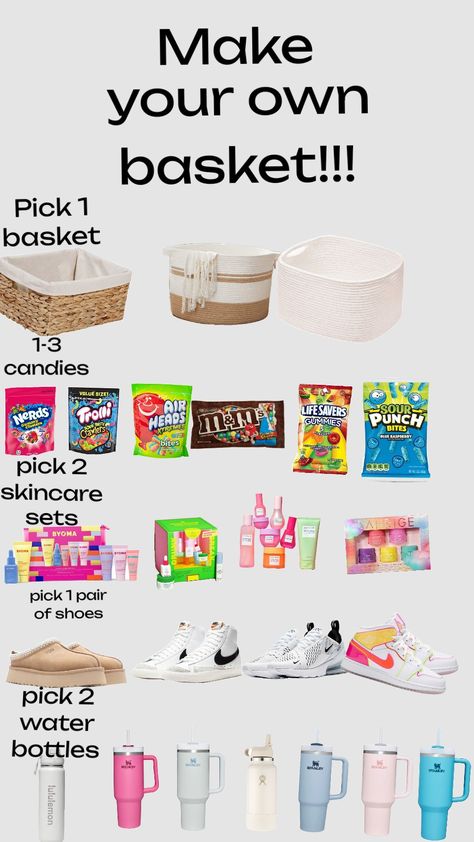 Make your own basket! Make Your Basket, Sleepover Baskets, Make A Birthday Basket, Make Your Own Basket, Sleepover Basket, Burrr Basket, Make A Gift Basket, Cake Gift Basket, Sleepover Stuff