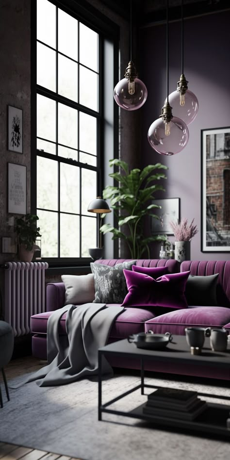 Bedroom Ceiling Wallpaper, Loft Style Living Room, Livng Room, Purple Living Room, Industrial Living Room, Interior Design Principles, Living Room Wall Color, Purple Room, Room Wall Colors