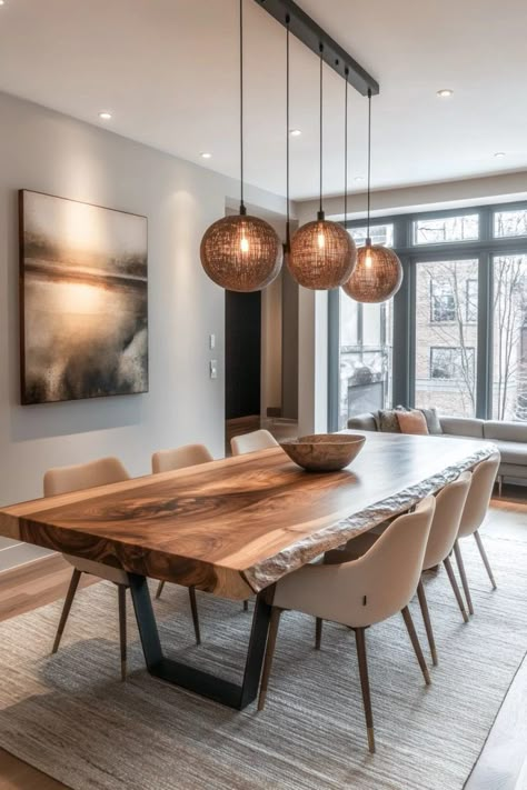 Combining elements of traditional and contemporary design, this apartment dining area offers a balanced aesthetic. A classic wooden table is surrounded by modern chairs, blending styles harmoniously. Neutral colors with a few bold accents, like a dramatic light fixture or a vibrant rug, provide visual interest and depth. This dining room is perfect for those who appreciate a transitional style, offering flexibility and elegance. Tap here to explore more transitional style dining room designs. Modern Wooden Dining Table And Chairs, Modern Dining Table Wooden, Open Dining Area Ideas, Dining Table Rustic Modern, Dining Room Inspiration Contemporary, Interesting Dining Rooms, Dining Room With Wood Table, Area Rug For Dining Room Table, Dining Table Design Modern Contemporary