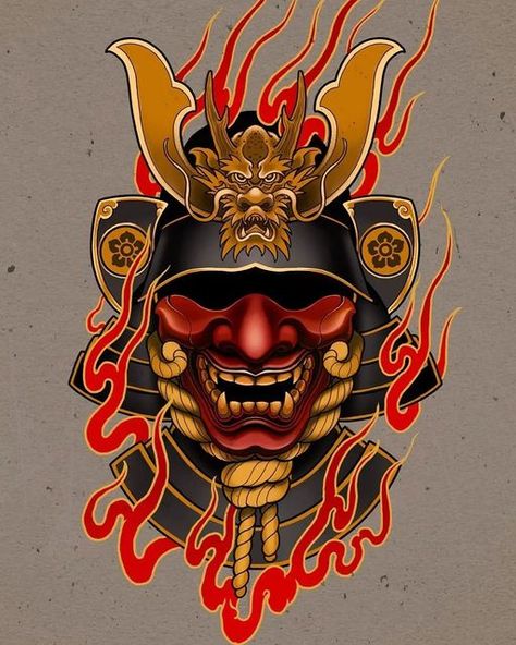 Traditional Japanese Samurai Tattoo, Japanese Oni Mask Tattoo, Samurai Mask Tattoo, Japanese Demon Tattoo, Japanese Mask Tattoo, Samurai Tattoo Sleeve, Cool Cartoon Drawings, Samurai Warrior Tattoo, Japanese Tattoos For Men