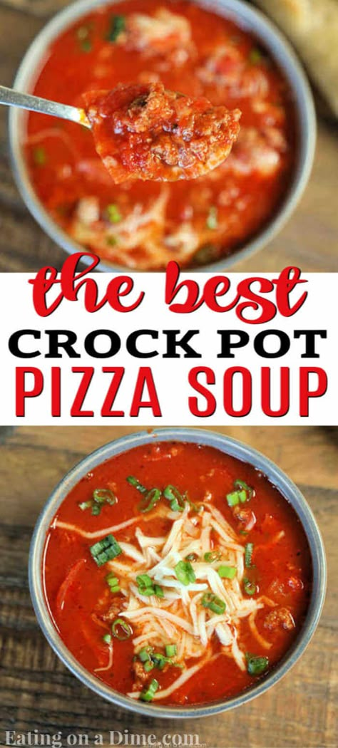 Everything you love about pizza is in this tasty Crock Pot Pizza Soup Recipe. If your family loves pizza as much as we do, they're going to love pizza soup. Slow Cooker Pizza, Pizza Soup Recipe, Crock Pot Pizza, Pizza Soup, Homemade Dinner Rolls, Crockpot Soup Recipes, Dinner Rolls Recipe, Crockpot Dishes, Homemade Dinner