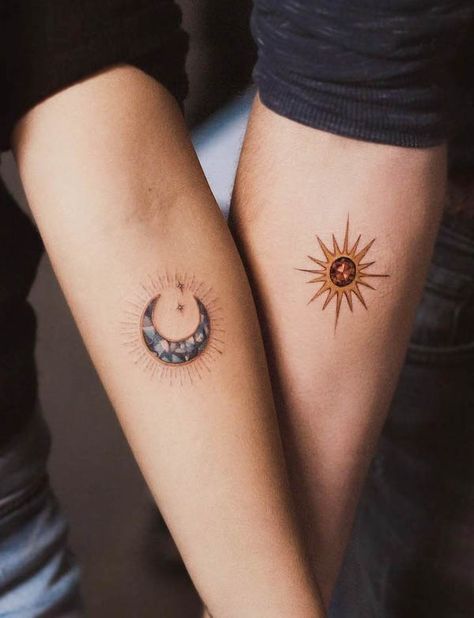 Colored Matching Tattoos, Bohemian Sun And Moon Tattoo, Celestial Couple Tattoo, Sun And Moon Mother Daughter Tattoo, Star Moon Sun Tattoo Friends, Colorful Sun And Moon Tattoo, Moon And Sun Tattoo Matching, Matching Celestial Tattoos, Sun And Moon Tattoo Designs For Women